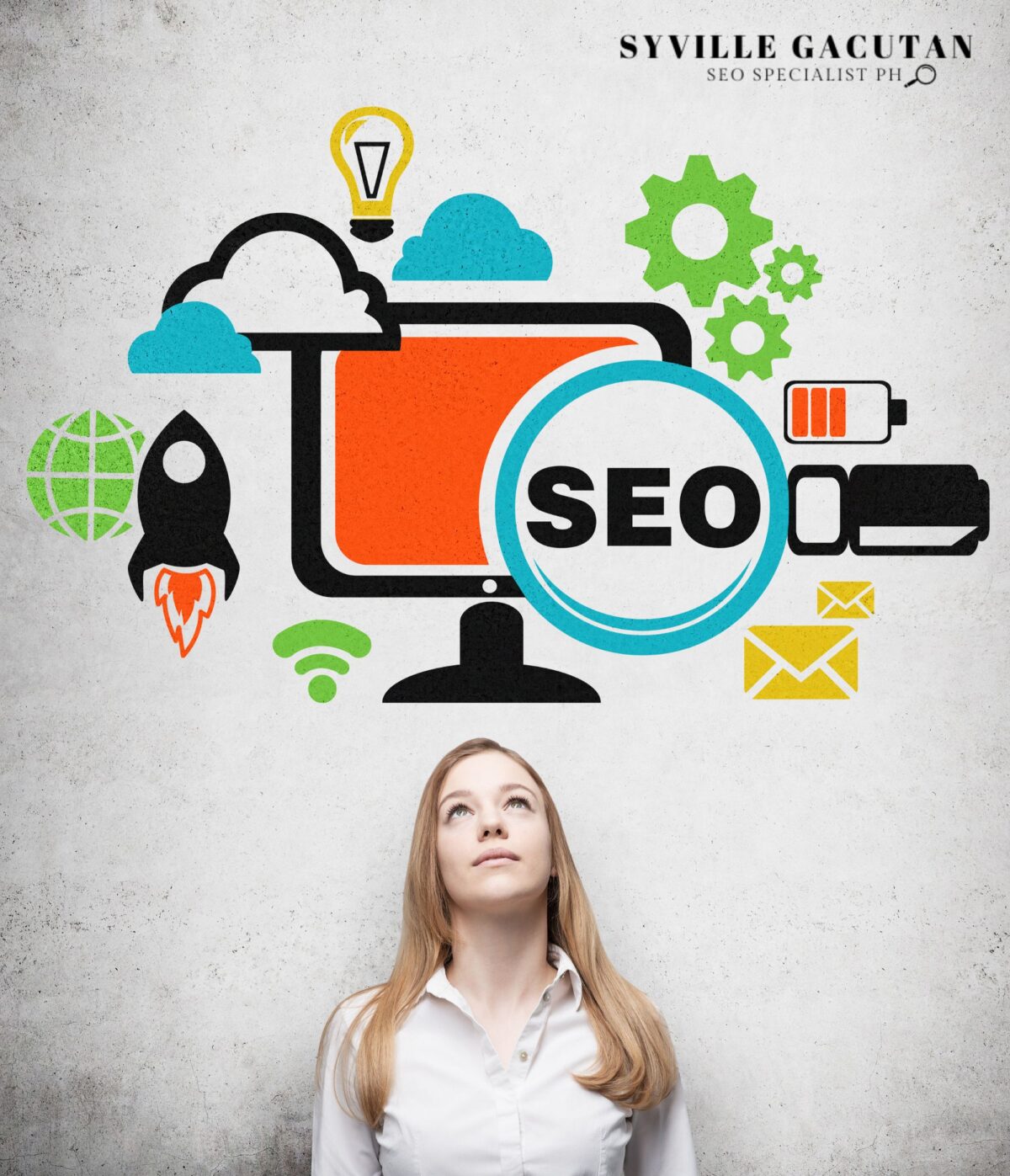 Woman looking up at colorful SEO icons above her.