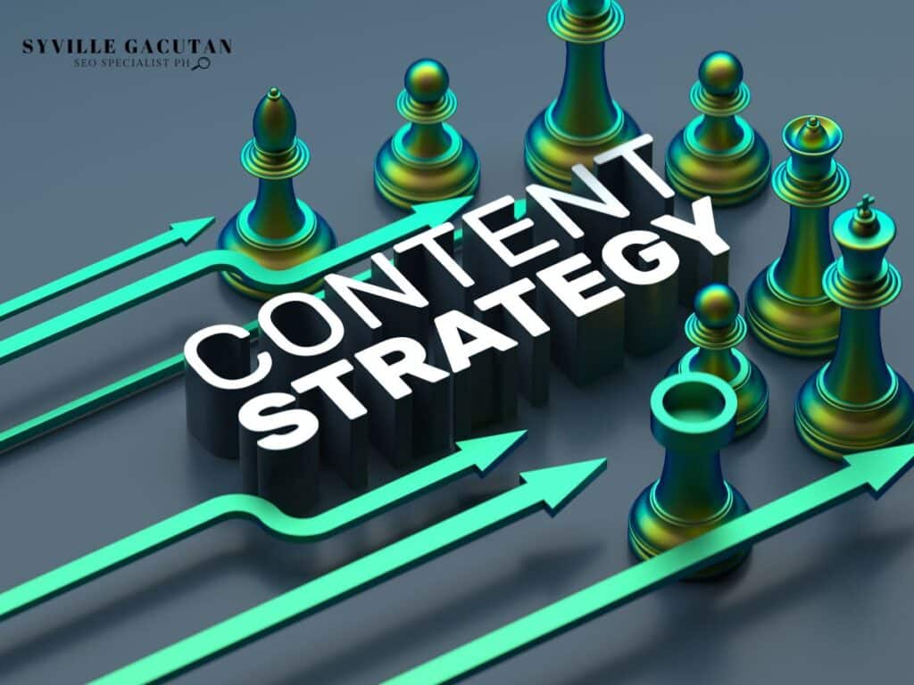 Chess pieces with arrows and "Content Strategy" text.