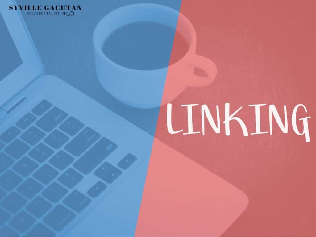 Laptop and coffee cup with "Linking" text in overlay.