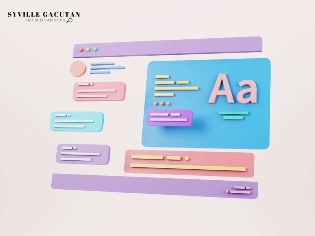 Colorful graphic layout with text blocks and large "Aa" icon.