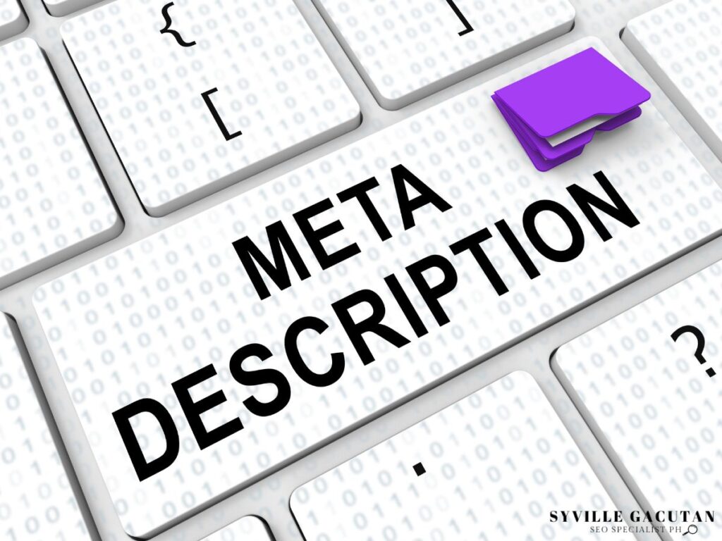 A keyboard key with the text "META DESCRIPTION" and a purple folder icon.
