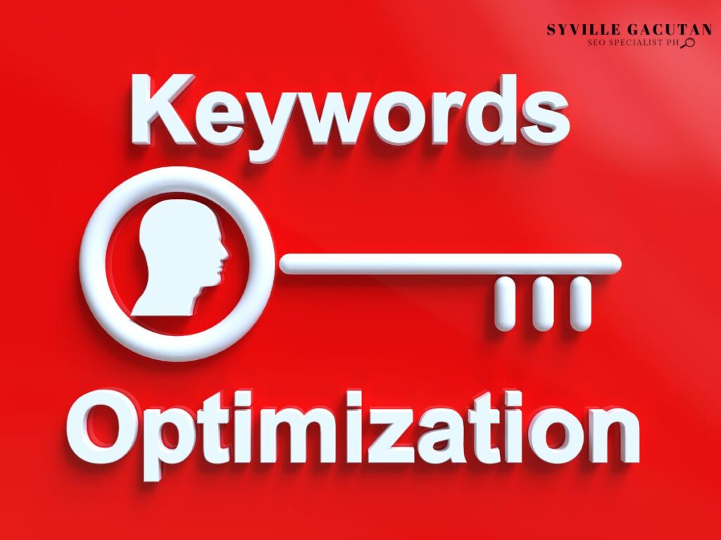 "Keywords Optimization" in red with a profile and search icon