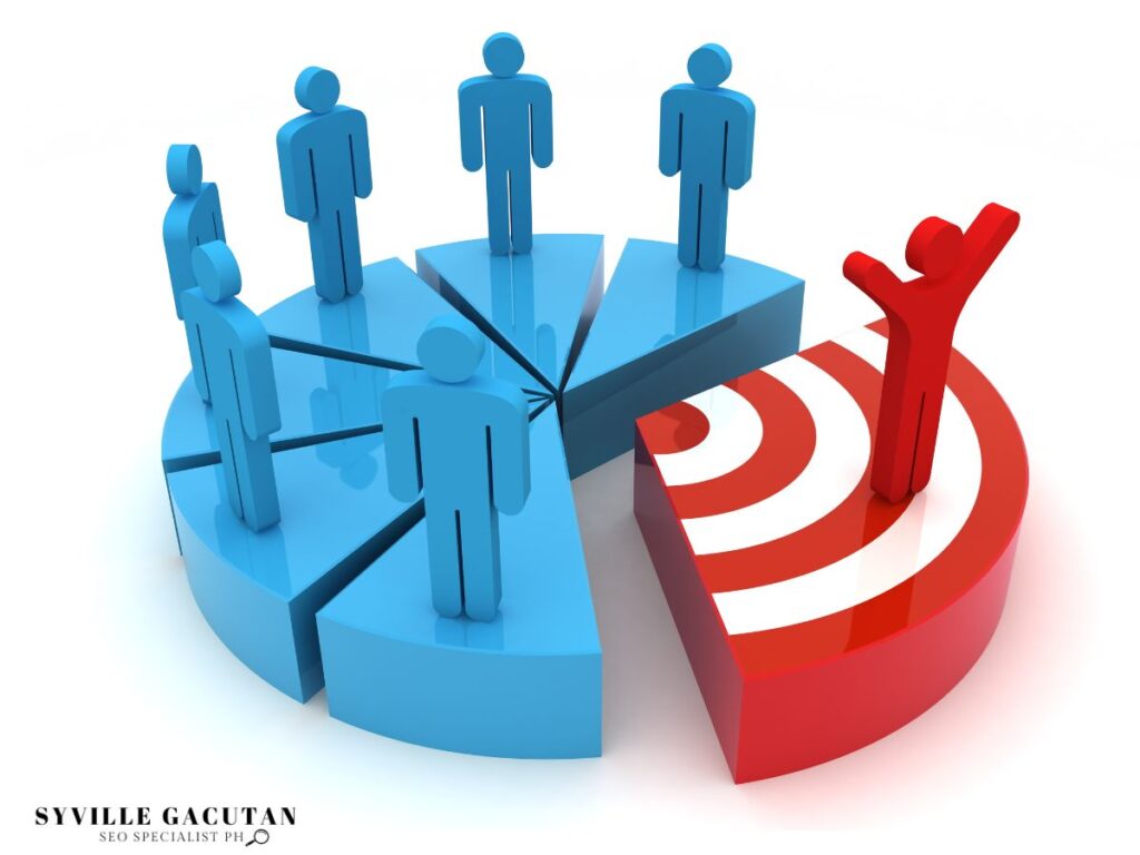 Blue figures stand on pie chart segments, while a red figure stands on a target