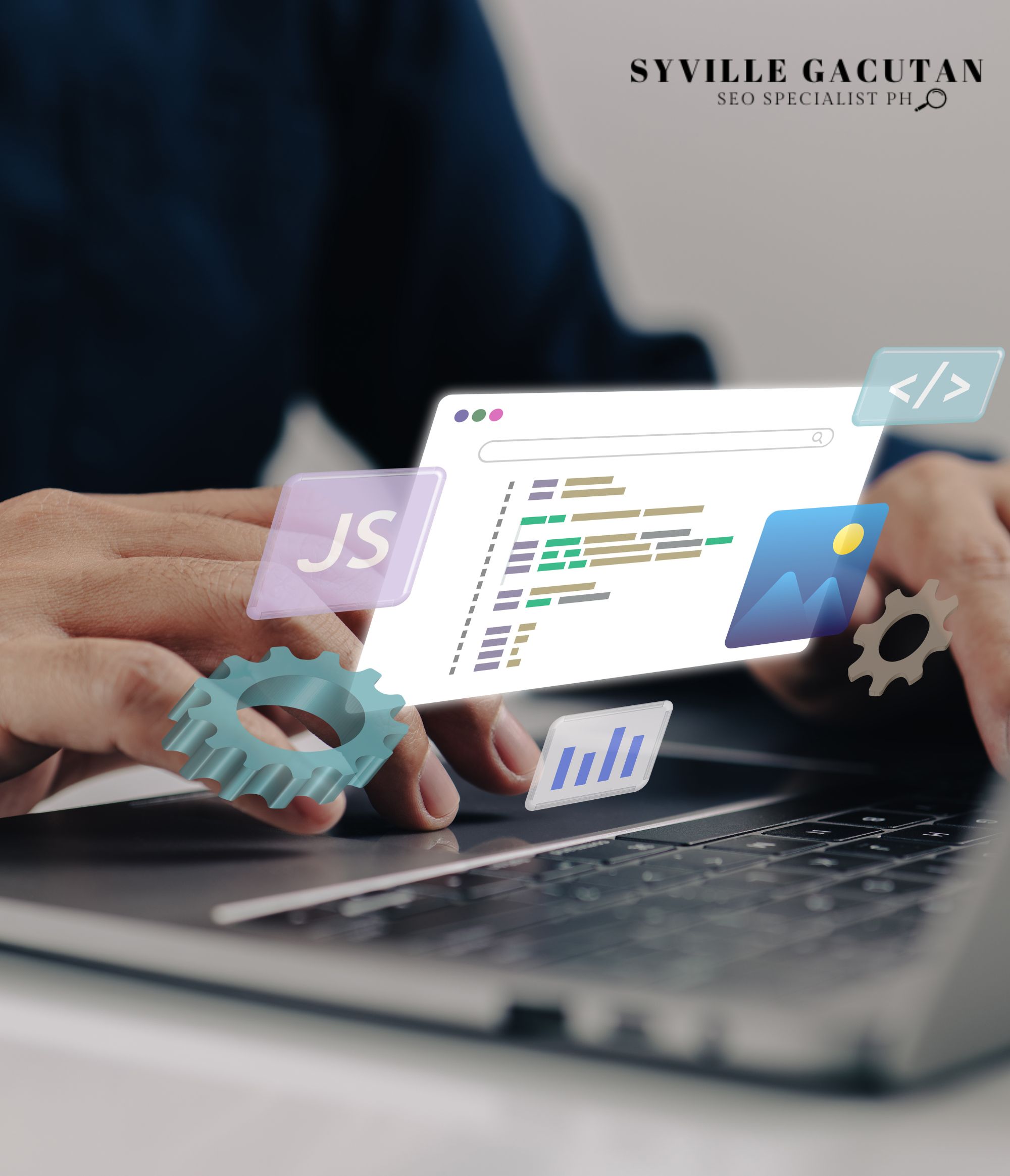 A person typing on a laptop with coding and gears icons.