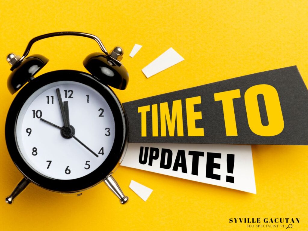 A clock with the text "TIME TO UPDATE!" on a bright yellow background.