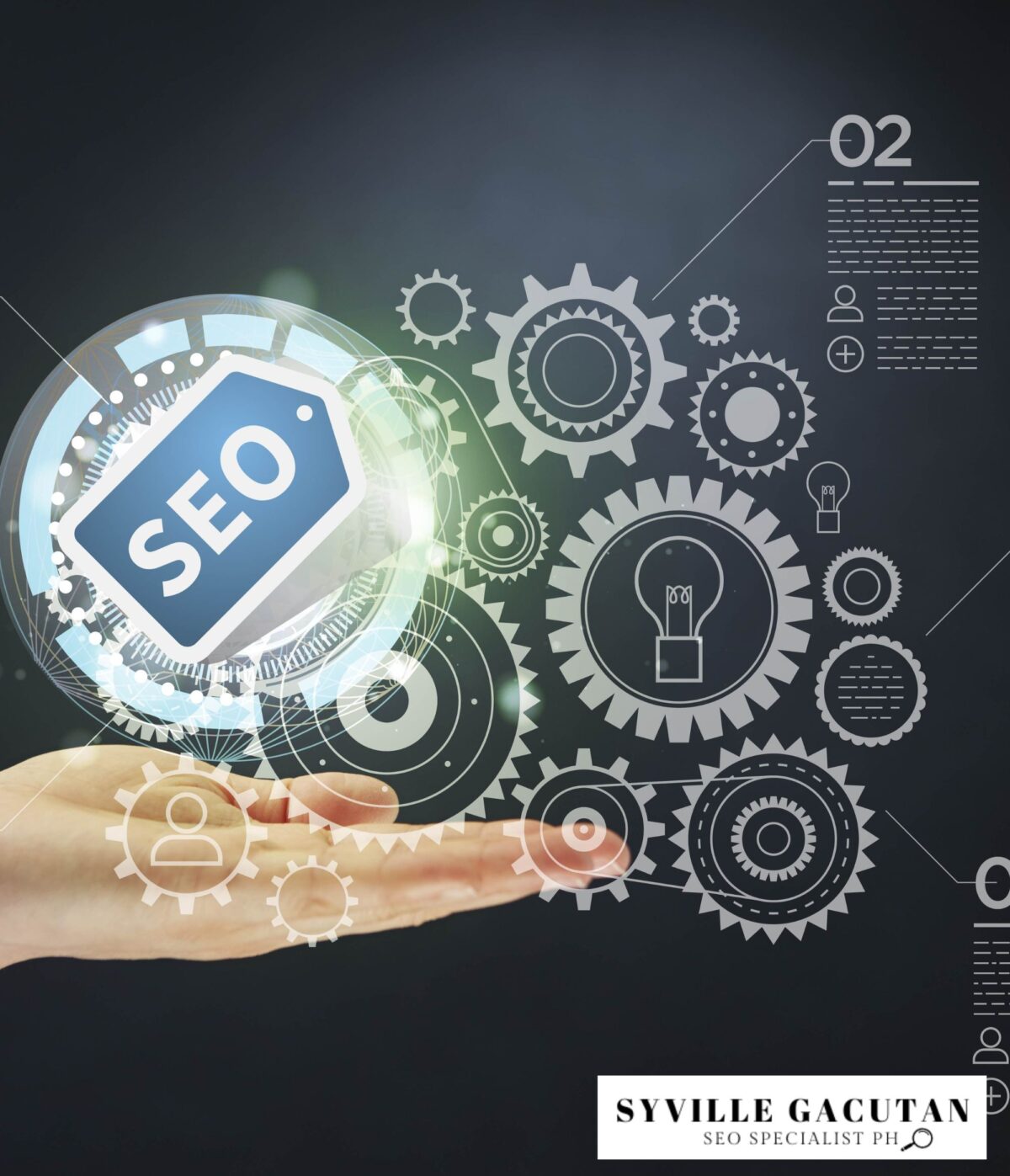 SEO tag surrounded by digital gears floating above an open hand.