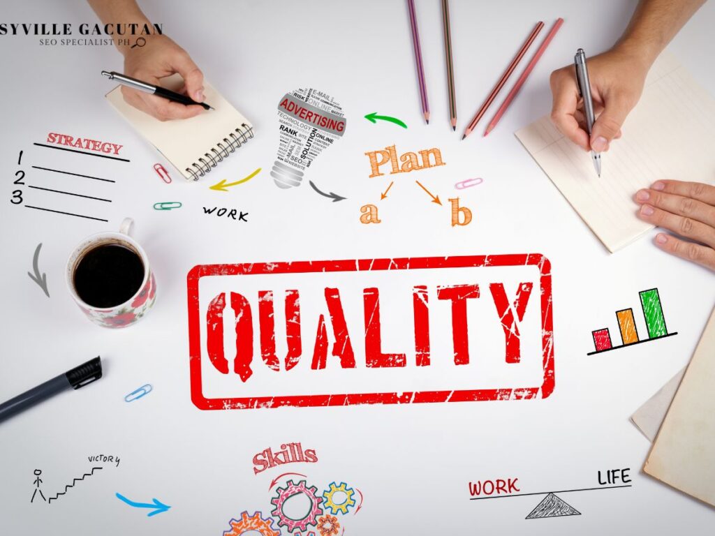 Desk with "Quality" stamp and strategy notes.