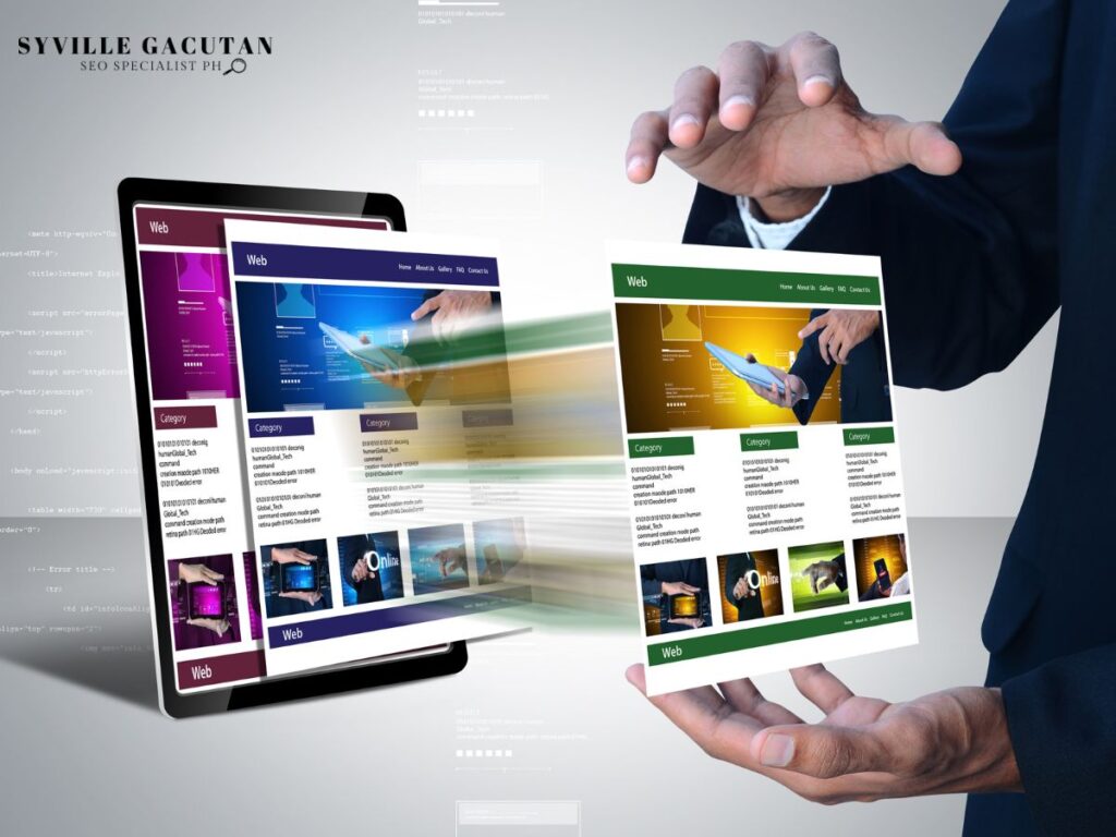 Hands holding a tablet displaying multiple webpages