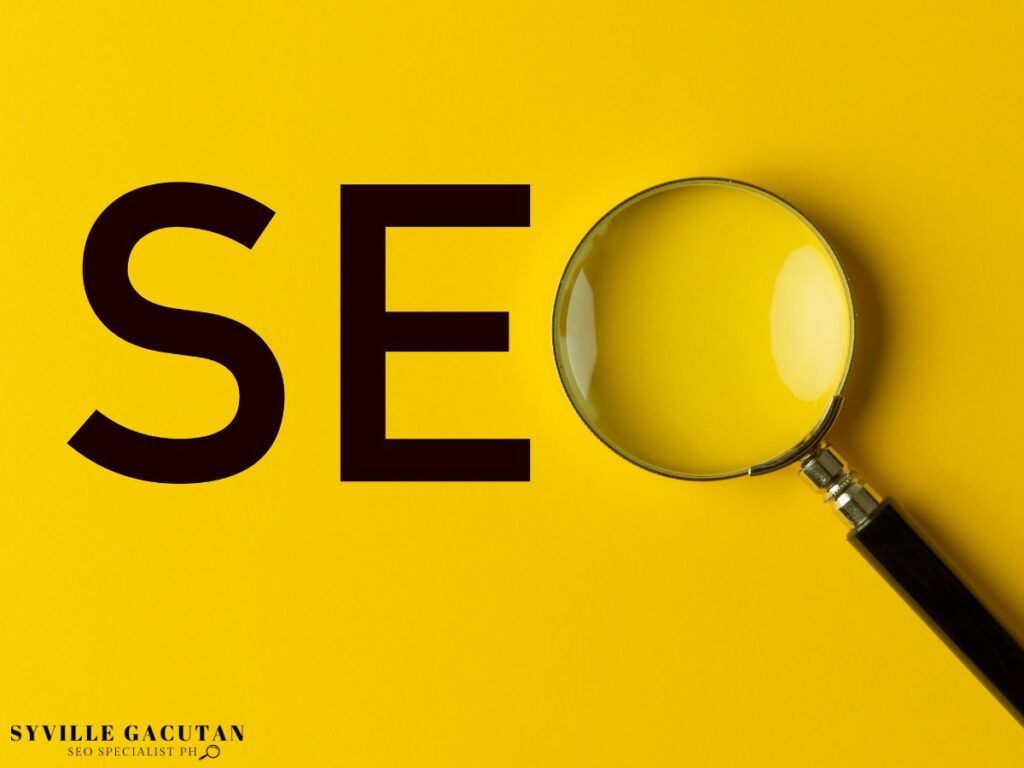The word "SEO" with a magnifying glass replacing the letter 'O'.