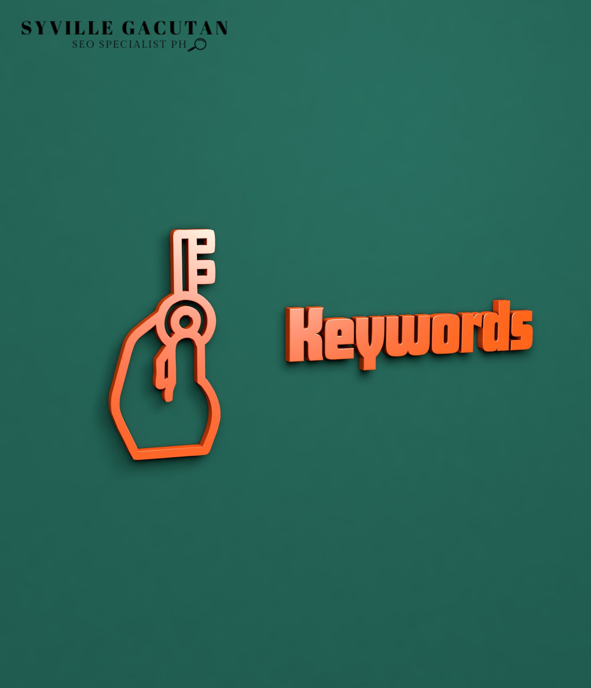 An orange hand holding a key next to the word "Keywords" on a green background.