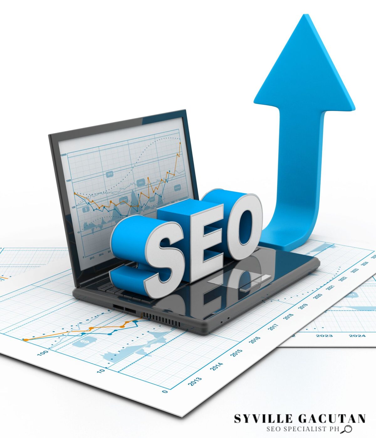 "SEO" text with upward arrow and graph on laptop screen.
