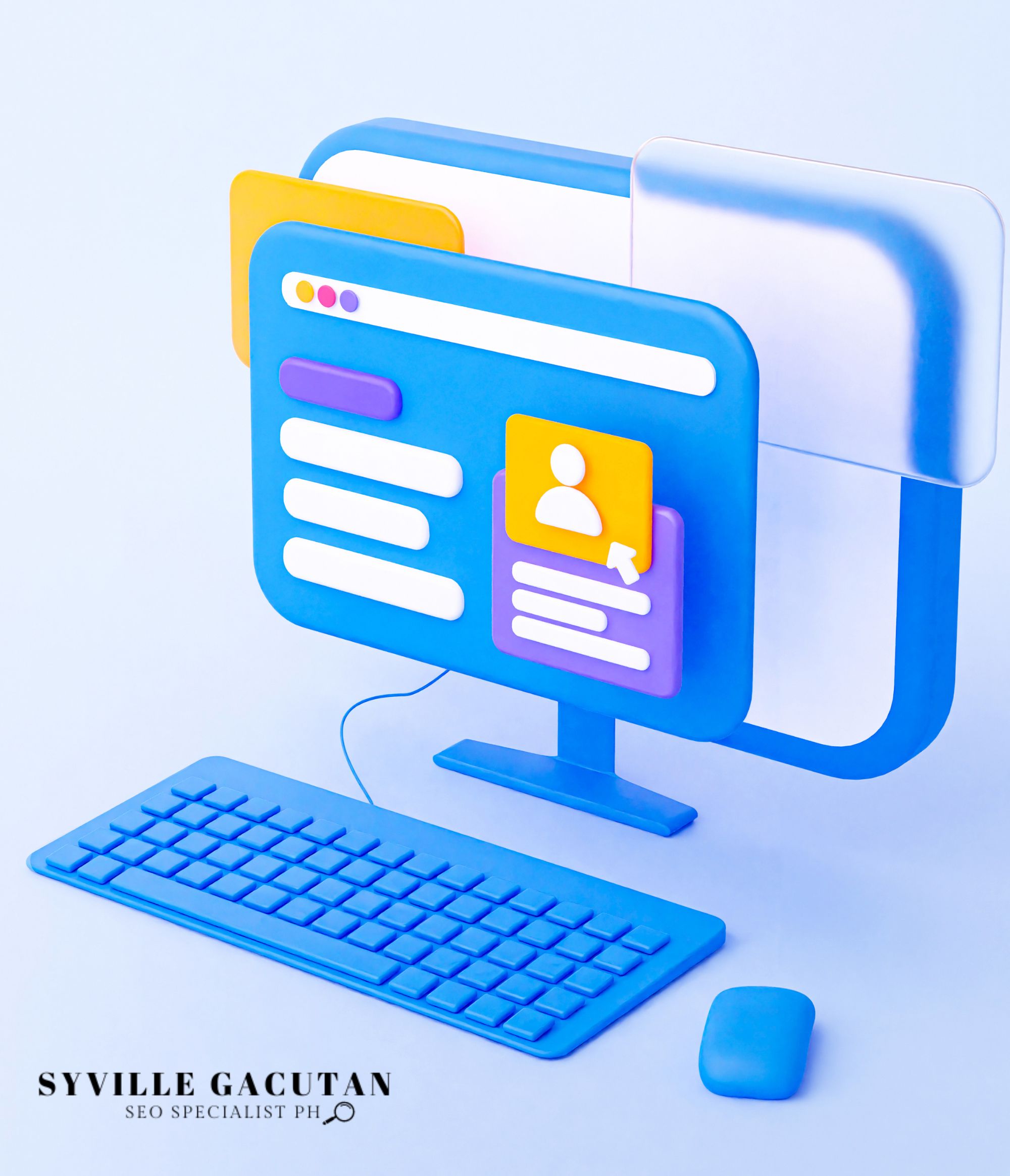 Colorful, layered webpage interface with keyboard illustration.