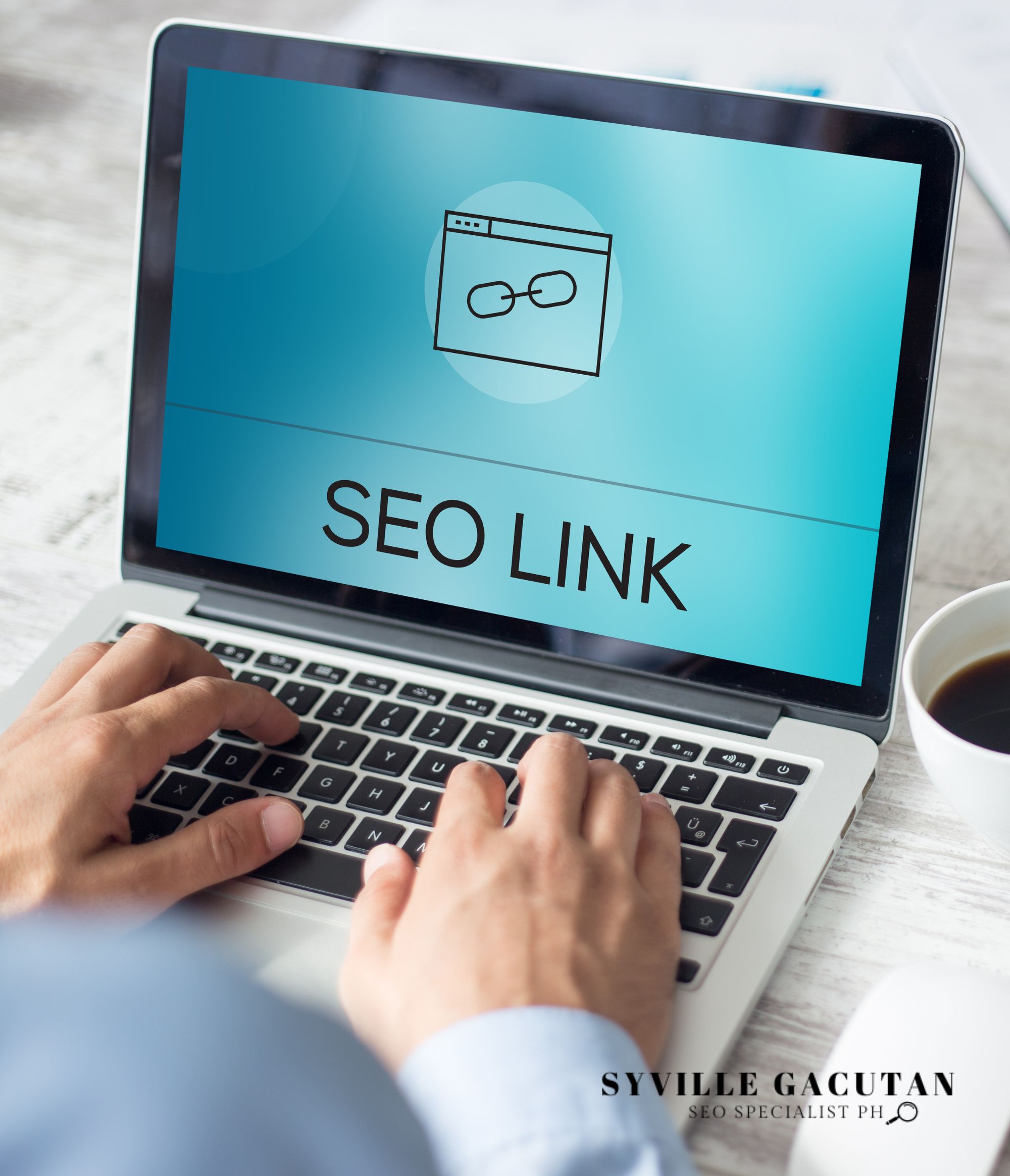A man working on his laptop displating "SEO LINK" on the screen.