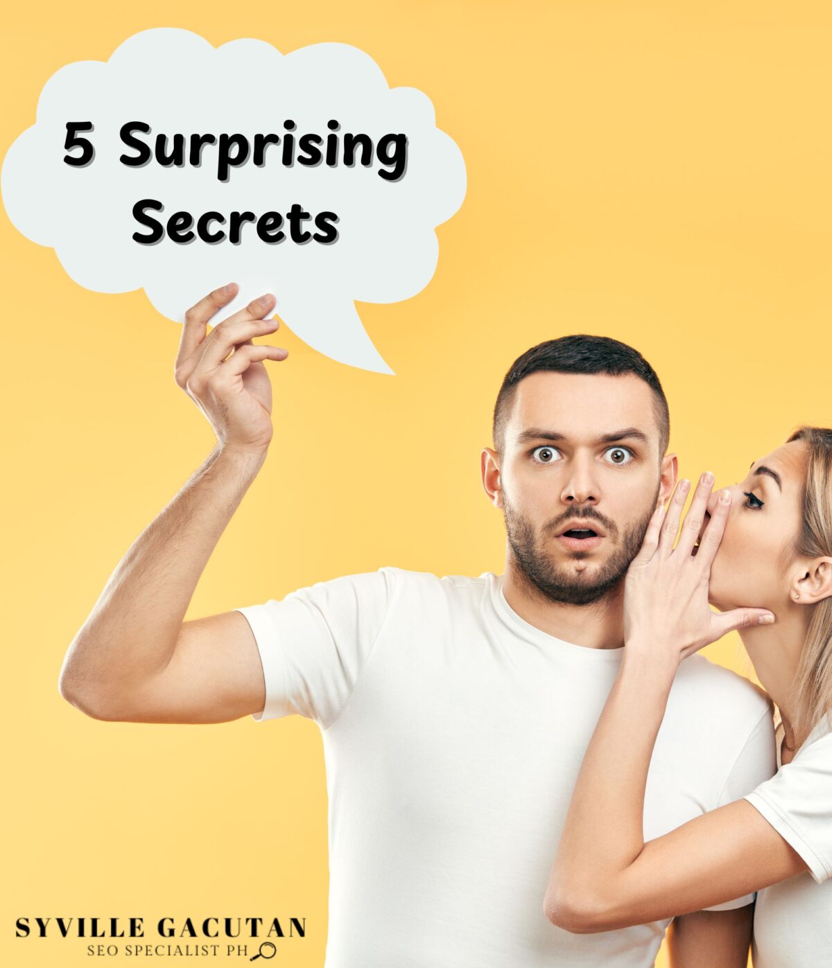 A woman whispering to the man who's holding a thought bubble with the text "5 Surprising Secrets"