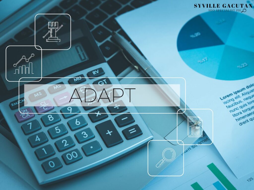 "ADAPT" with flowchart icons over a calculator and pie chart.