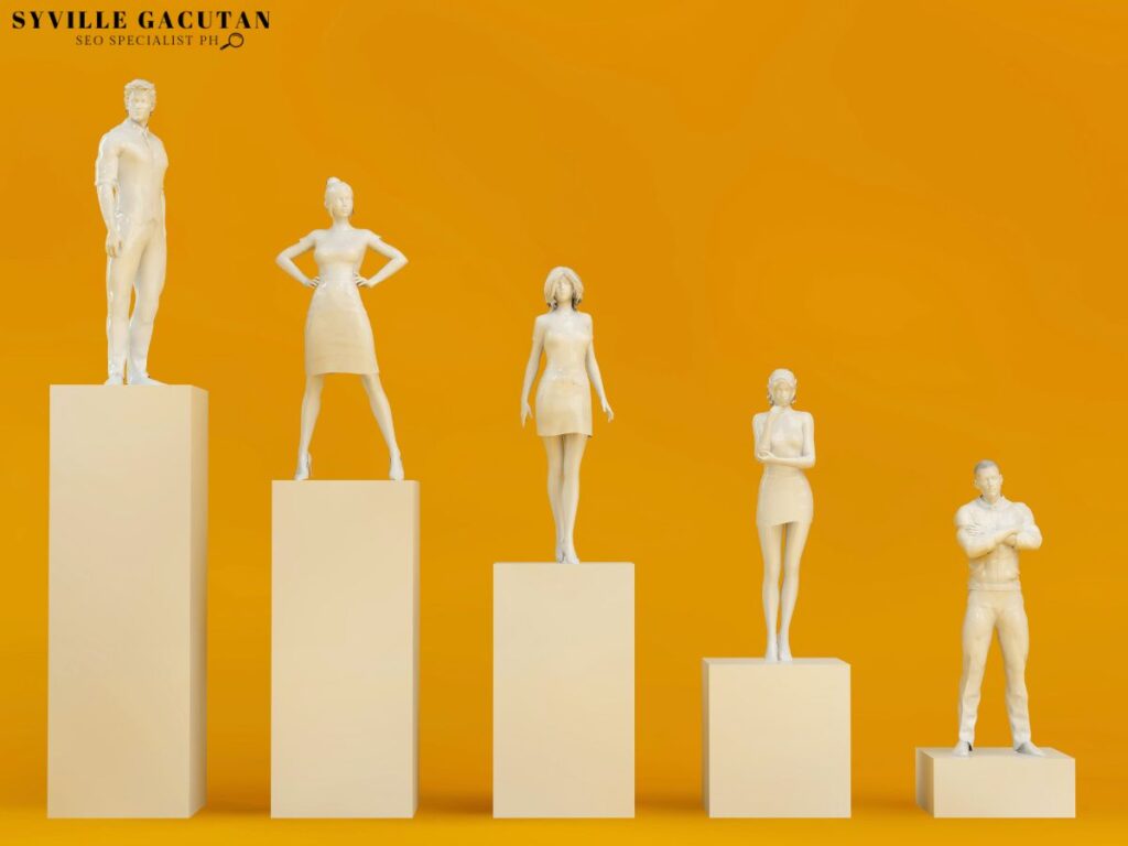 A group of human figure standing on a platform that is increasing.