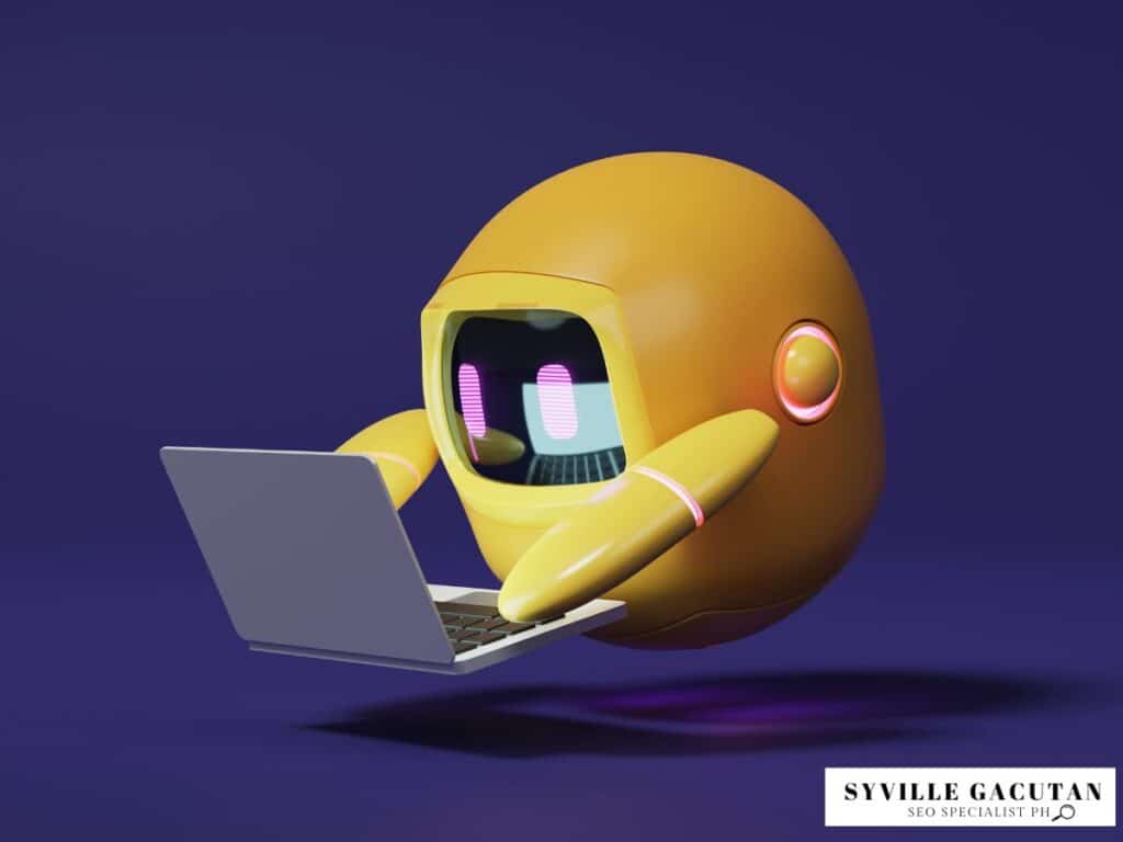 A yellow robot typing on a laptop in a dark background.