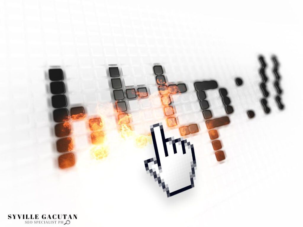  Pixelated "http://" with a clicking hand icon and fiery highlights.