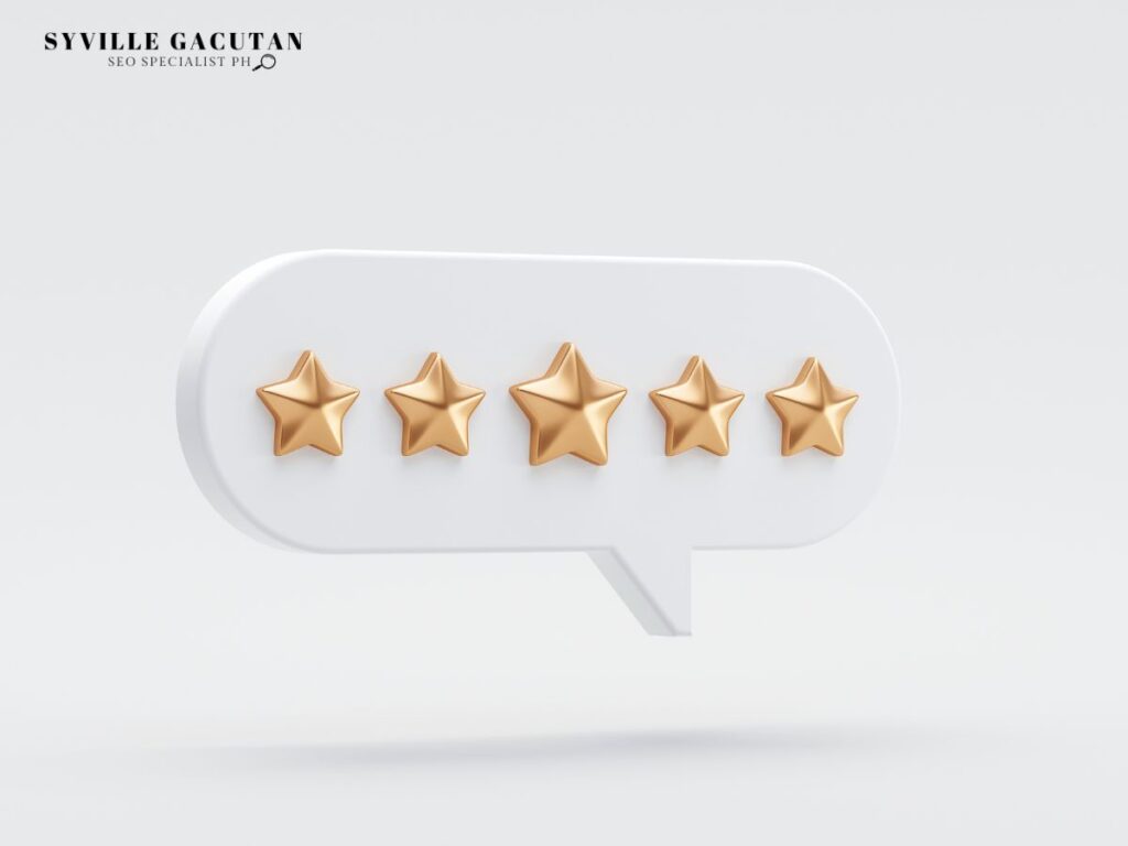  White chat bubble with five gold stars for rating.