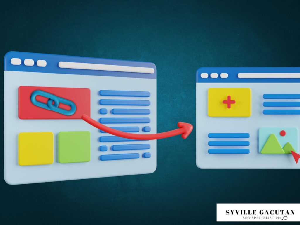 3D illustration of two linked web pages with an arrow connecting them.