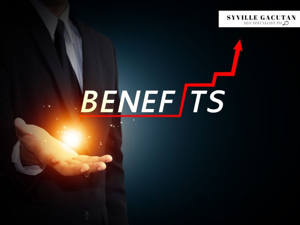 Text "Benefits" with an upward arrow and light effect.