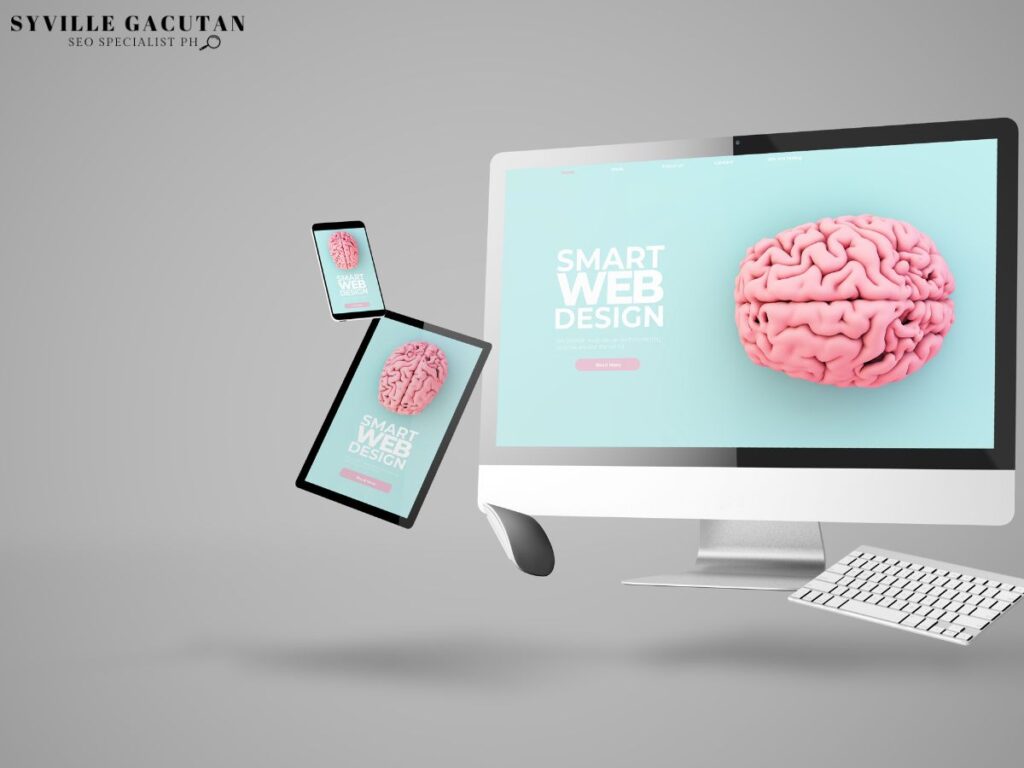 Devices displaying "Smart Web Design" with brain image.