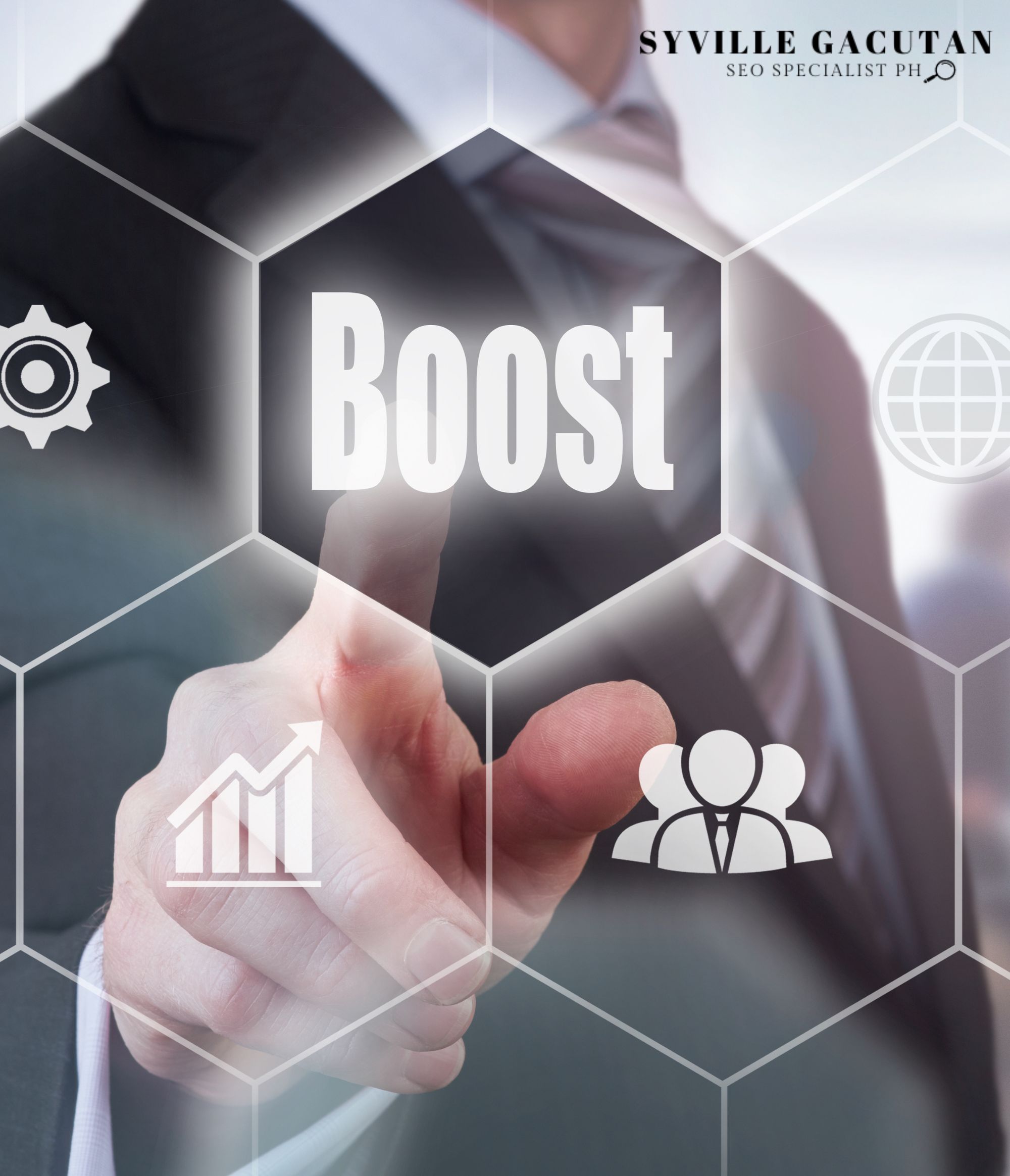 Businessman touching "Boost" in a hexagonal layout.