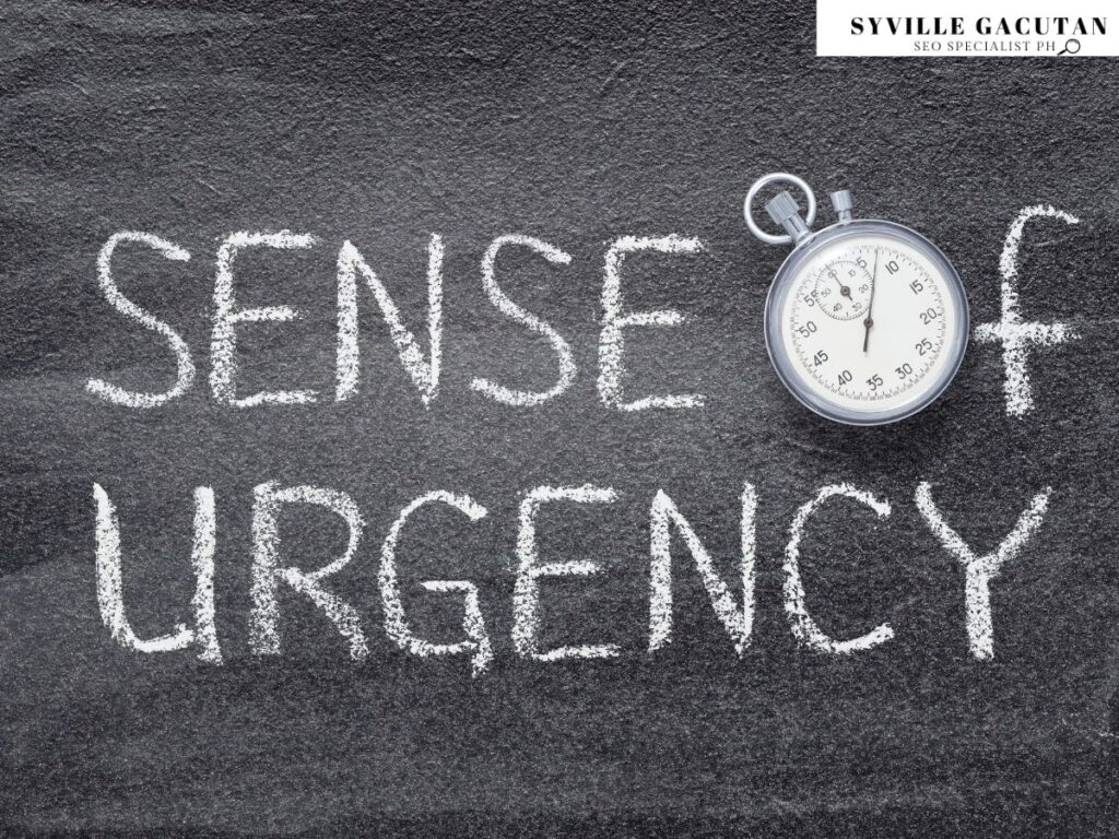 The text "SENSE OF URGENCY" handwritten on chalkboard with the "O" replaced with a stopwatch.