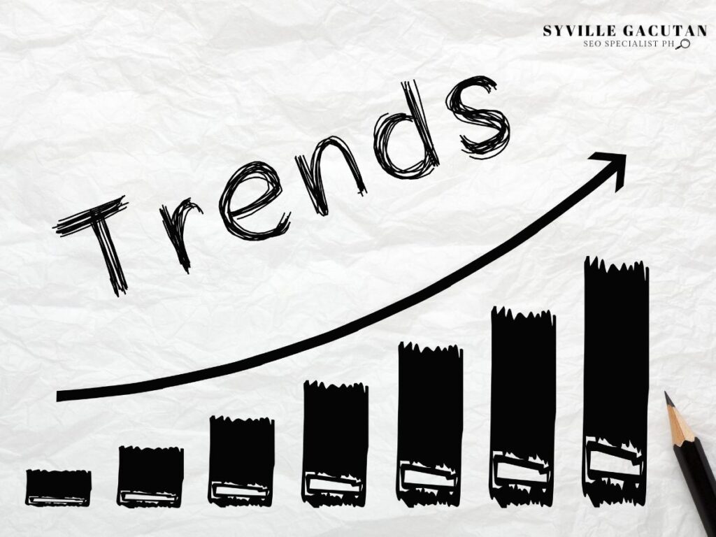 The word "Trends" with an arrow and a graph increasing.