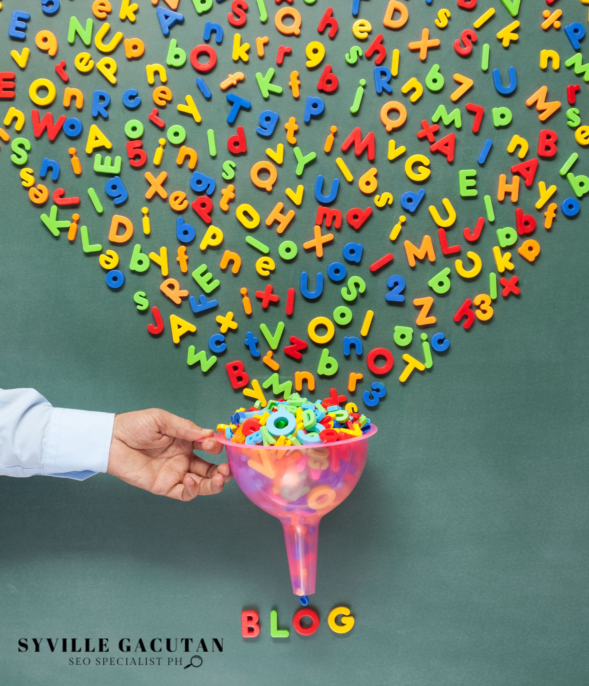 A colorful letters scattered and being funneled into the word "BLOG" at the bottom.