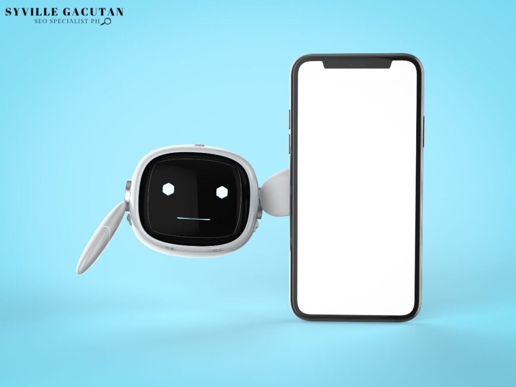 A small robot character holding a smartphone with a blank screen.