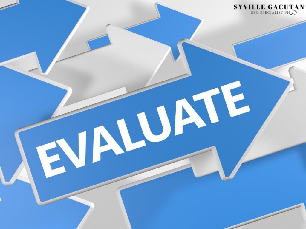 A series of 3D white and blue arrows with one has the word "EVALUATE"