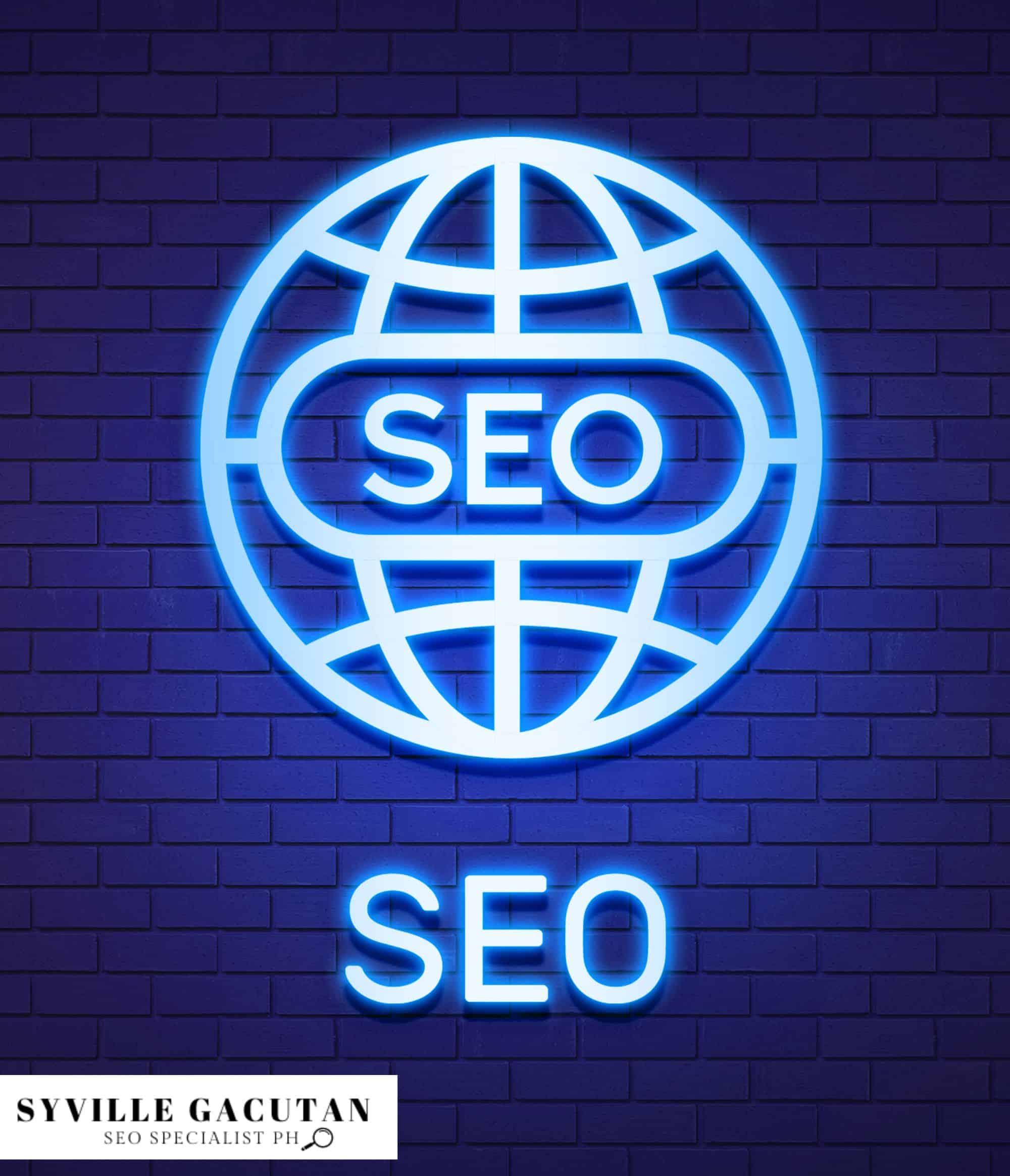 Neon blue SEO globe icon against a brick wall.