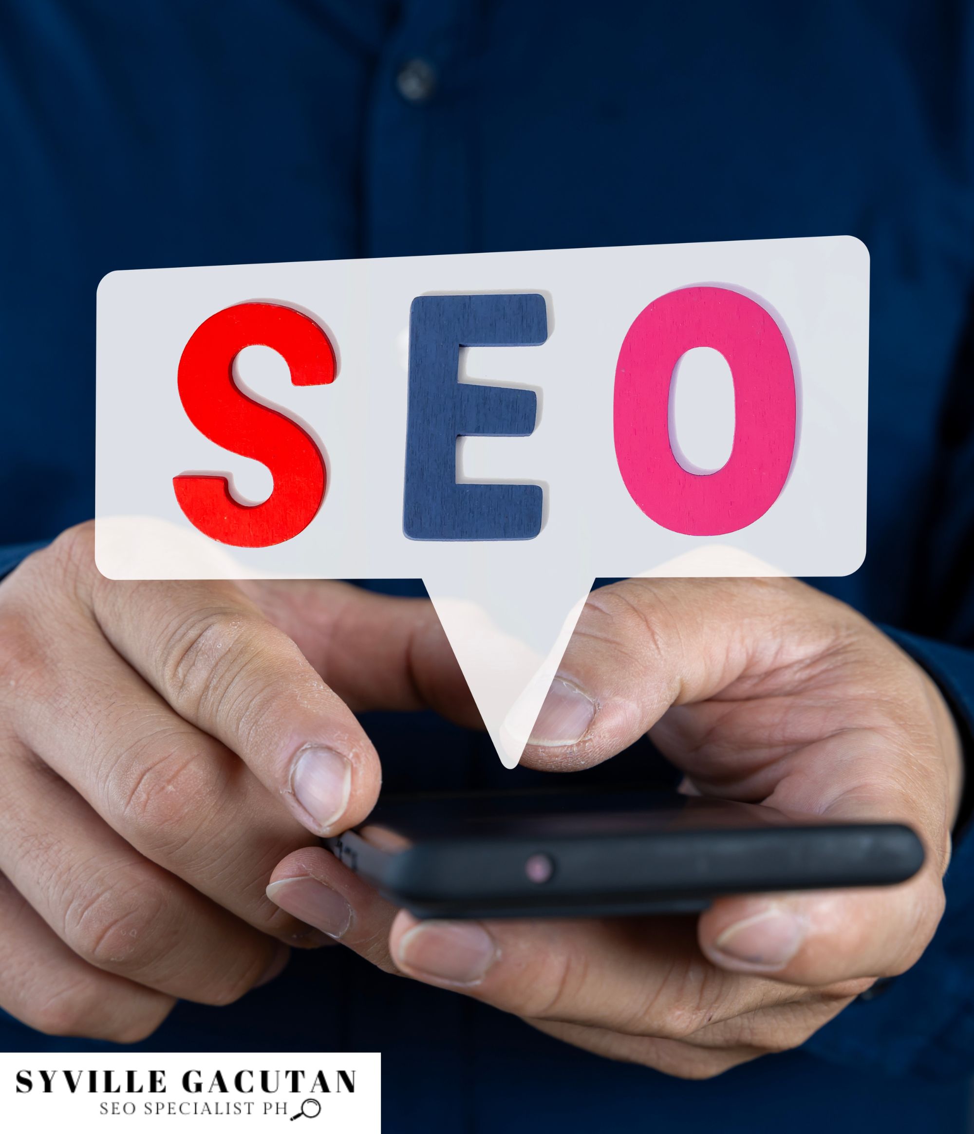 Hands holding a phone with a speech bubble displaying the letters "SEO."