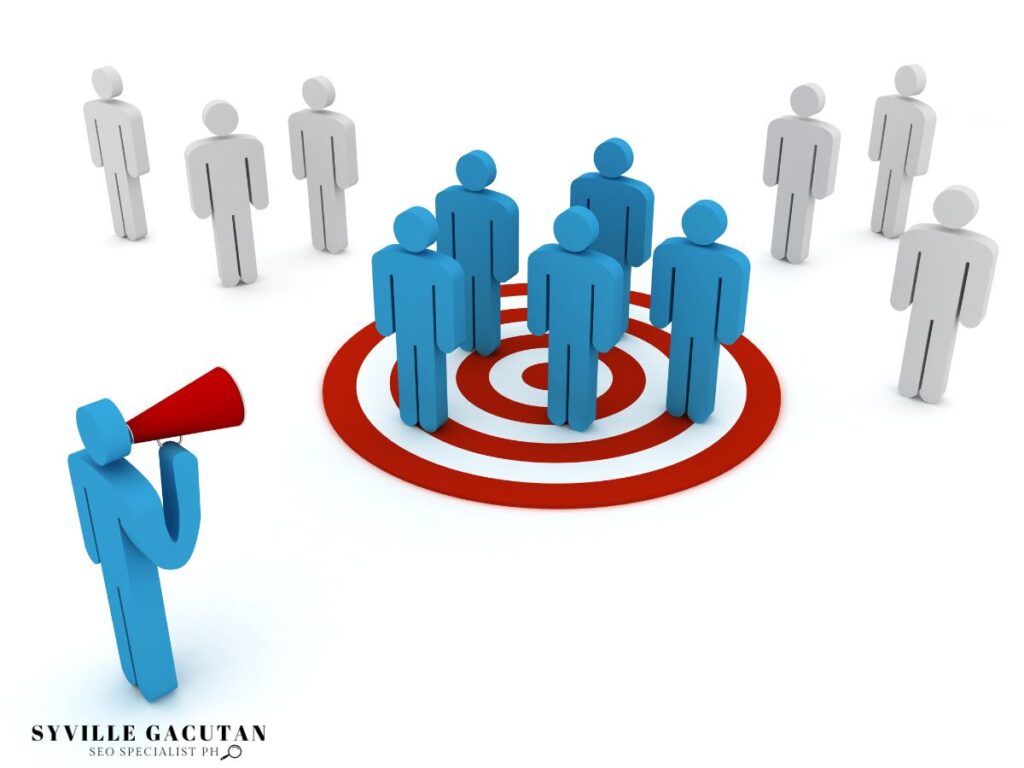 Blue figures standing on a target, with a blue figure using a megaphone.