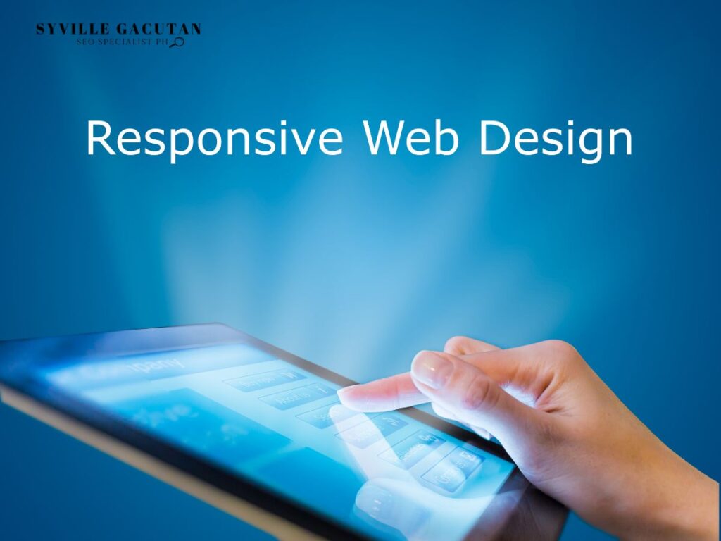 Hand interacting with a tablet screen displaying a responsive web design.