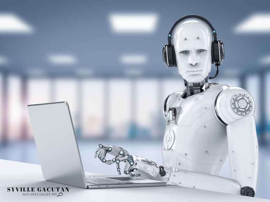 A robot with headphones using a laptop in a modern office setting.