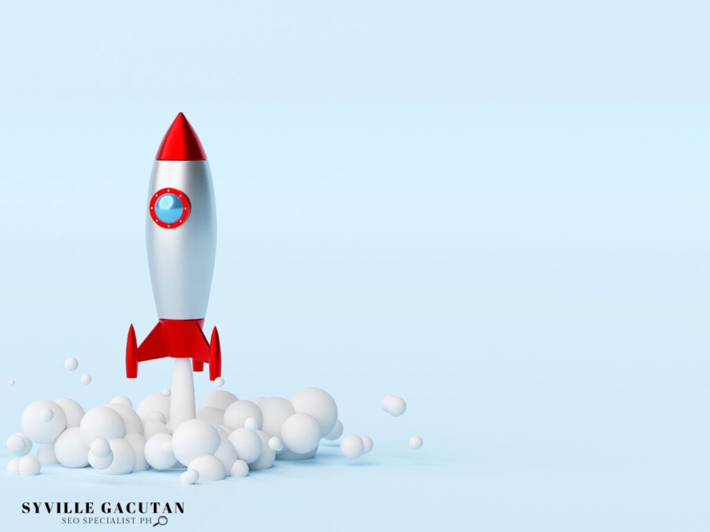 A 3d rocket launching with a blue background.