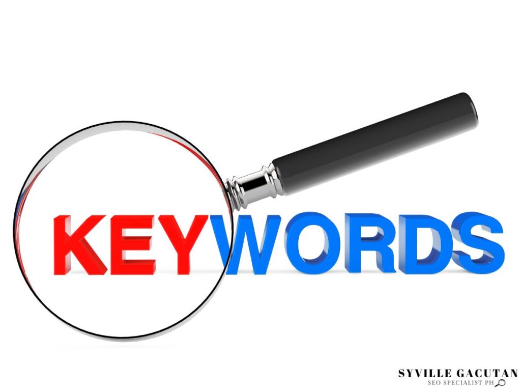The word "KEYWORDS" in red and blue with magnifying glass.