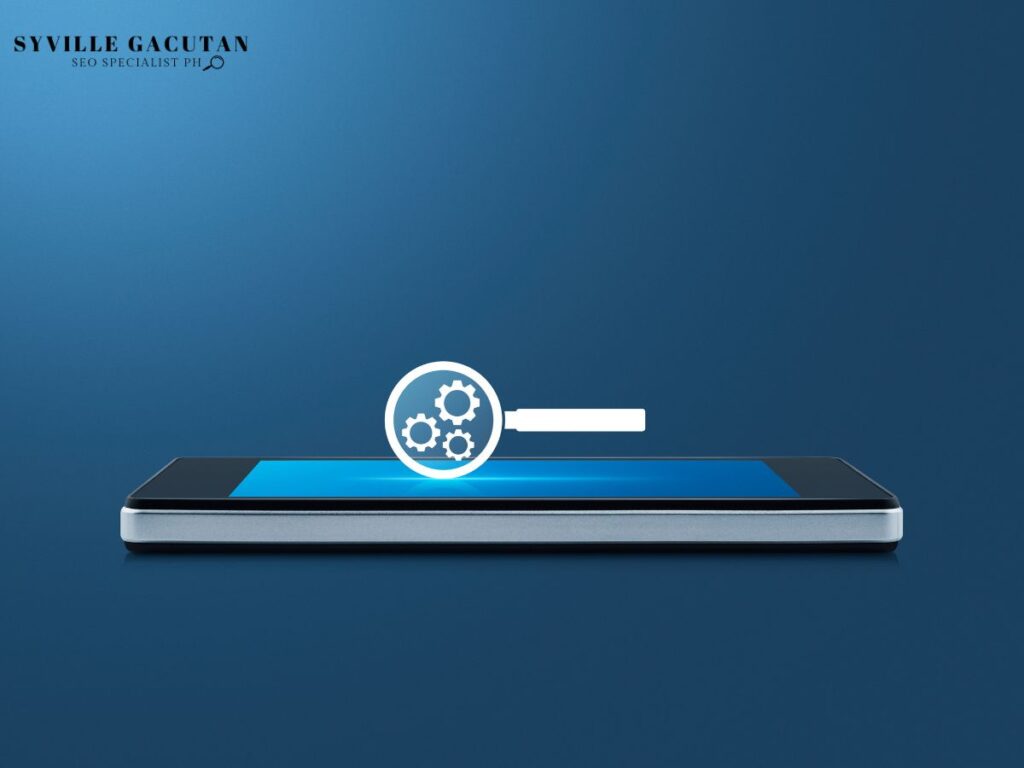 A flat smartphone with a magnifying glass icon and gear symbols.