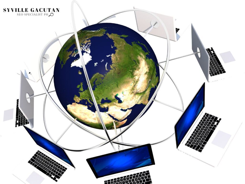 A globe surrounded by floating laptops.