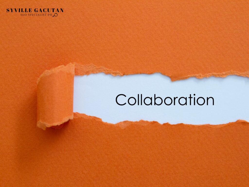 An orange torn paper revealing the word "Collaboration"
