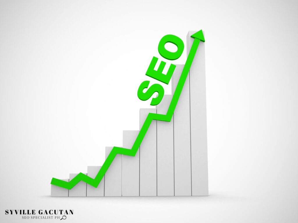 A green arrow labeled "SEO" rising on a bar chart.