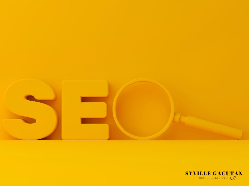 The word "SEO" with the "O" as a magnifying glass, all in yellow.