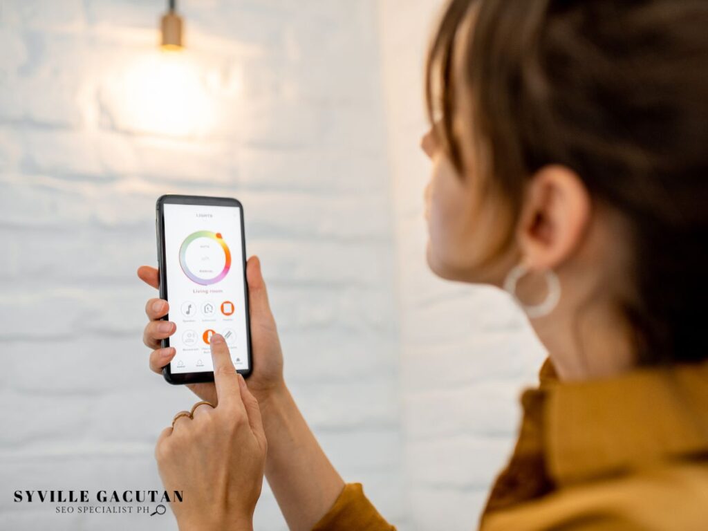 Woman adjusting settings on a smart device.