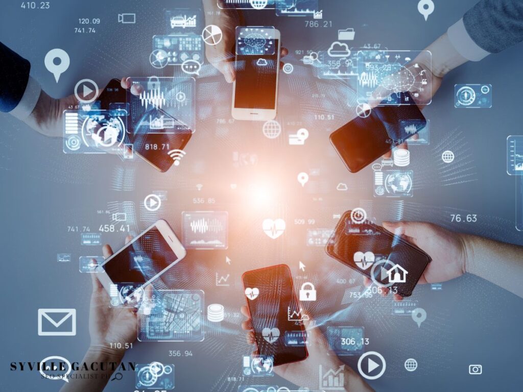 Hands holding phones surrounded by digital icons.