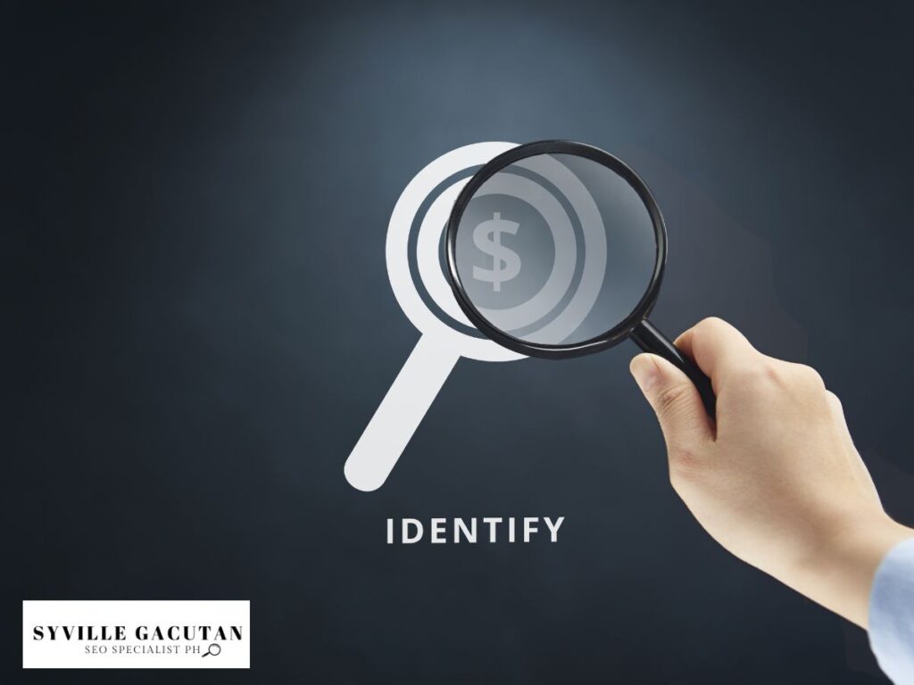 A hand holding a magnifying glass, focusing on a dollar sign with the word "IDENTIFY."