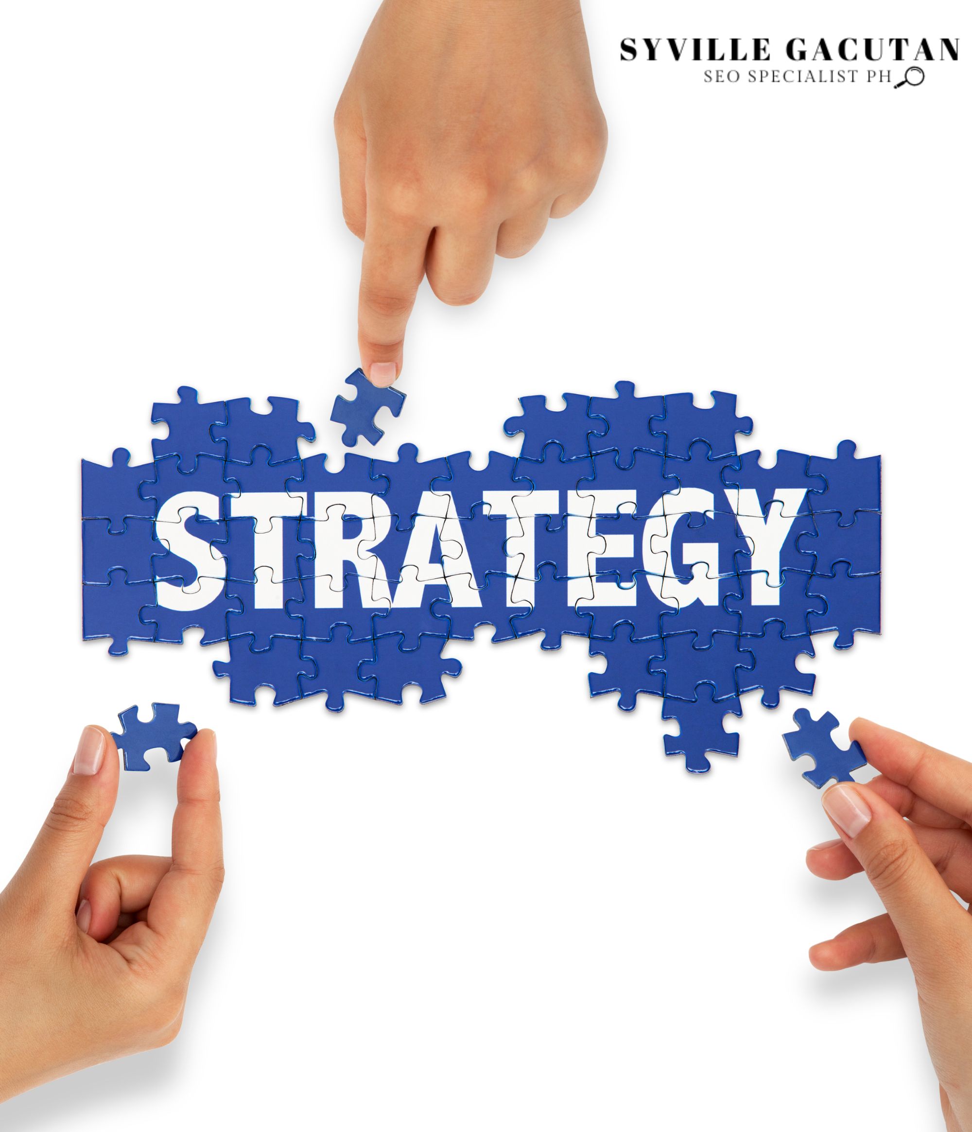 Three hands completing the blue puzzle with the word "STRATEGY"