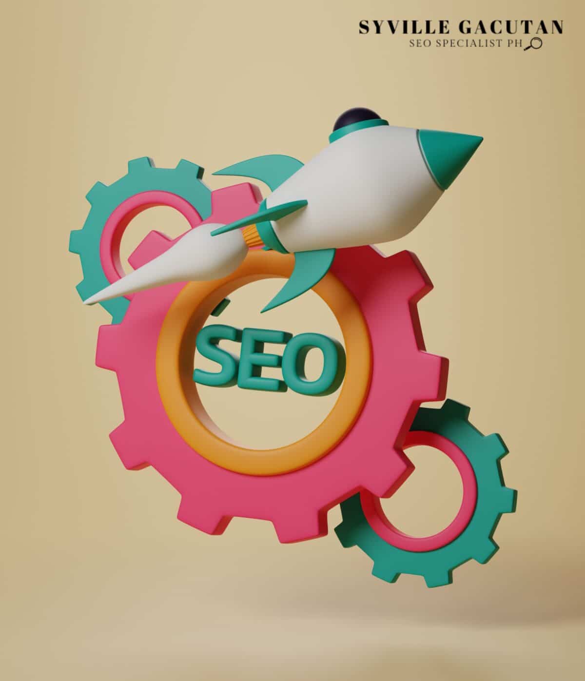 A rocket launching through colorful gears with "SEO" at the center.