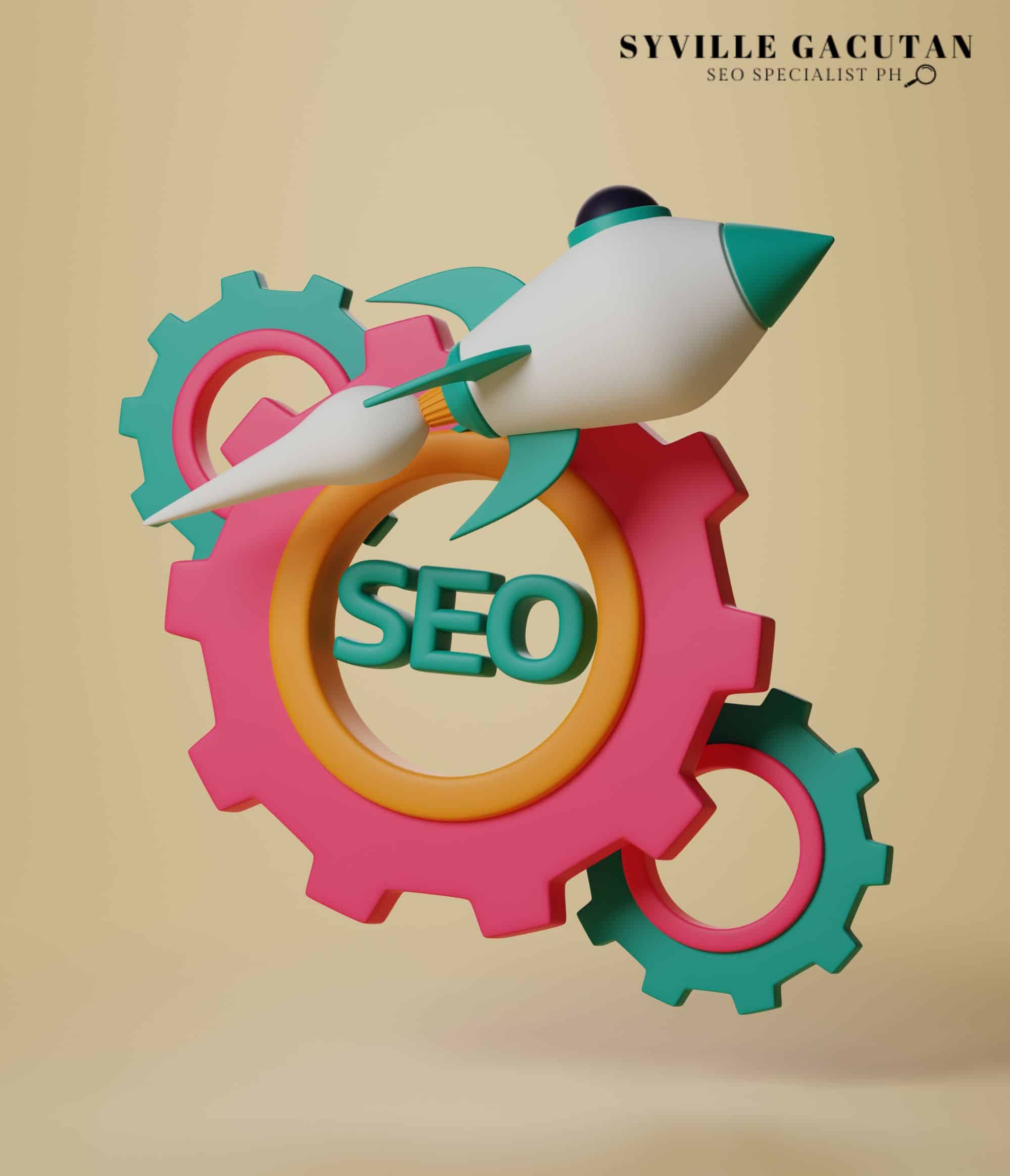 A rocket launching through colorful gears with "SEO" at the center.